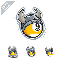 Billiard 9 ball with Viking helmet logo vector illustration for club or team. Scalable and editable 4 variation vector.	