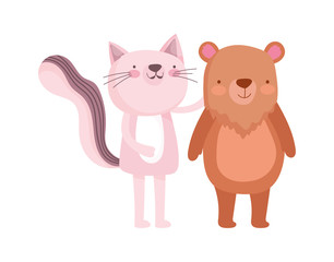 little pink cat and bear cartoon character on white background