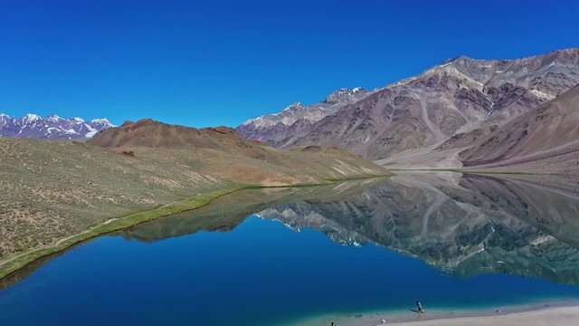 Aerial moving forward shot of chandratal lake , spiti valley.