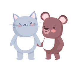 little cat and teddy bear cartoon character on white background