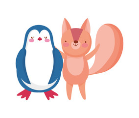 cute penguin and squirrel cartoon on white background