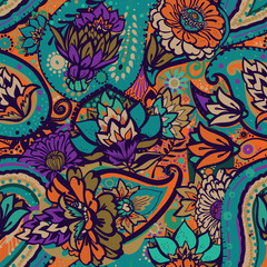 Seamless floral pattern in vintage oriental paisley style.
