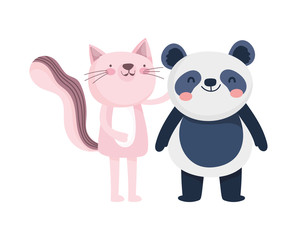 little pink cat and panda cartoon character on white background