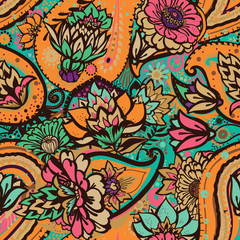 Seamless floral pattern in vintage oriental paisley style.