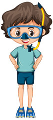 Happy boy with fins and snorkel on white background