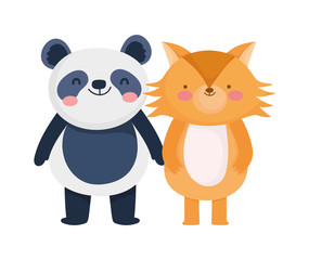 little panda and fox cartoon character on white background