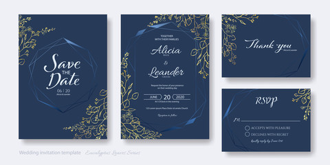Set of wedding Invitation card, save the date, thank you, rsvp template. Vector. Golden silver dollar, eucalyptus leaves and flower.