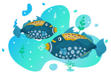 Two cute tropical fish in the sea. Brightly-coloured ocean fish. Underwater marine wild life. Vector illustration.