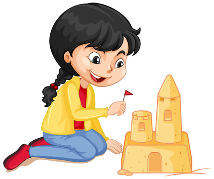 Girl In Yellow Jacket Making Sandcastle On White Background