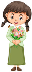 Happy girl with flowers on white background