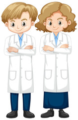 Girl and boy in science gown standing on white background