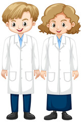 Fototapeta premium Boy and girl in science gown standing on white background