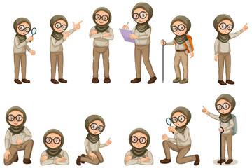 Muslim girl in scout uniform doing different poses on white background