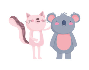 little pink cat and koala cartoon character on white background