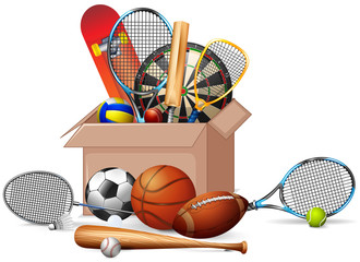 Cardboard box full of sport equipments on white background © blueringmedia
