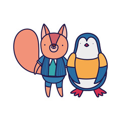 cute penguin and squirrel with clothes cartoon on white background