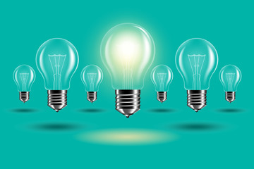 Realistic transparent light bulb for green sea background. Vector EPS 10