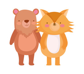 cute bear and fox cartoon on white background