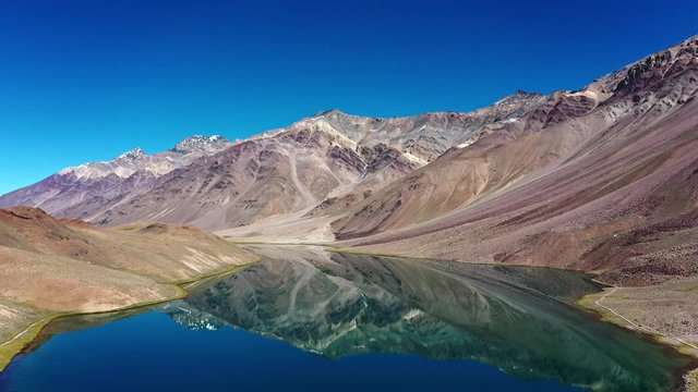 Aerial shot of crystal clear himalayan lake | chandratal lake , spiti valley