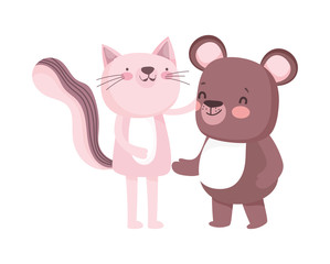little pink cat and teddy bear cartoon character on white background