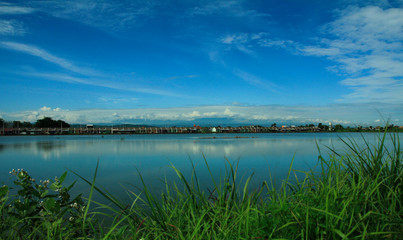 landscape with lake and blue sky