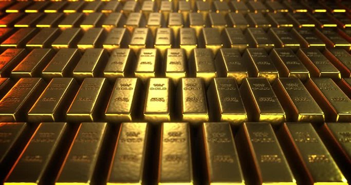 Close-up shot of stacks of gold bars 1000 grams, 3d rendering dolly shot from left to right, motion looping concepts of success in business and finance.