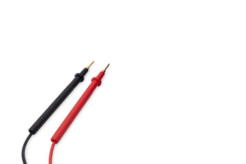 Positive and negative multimeter probe or pin plug isolated on white background, industrial and...