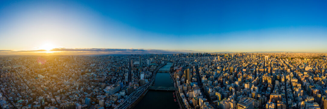Aerial panorama view by drone of Tokyo Cityscape on sunrise.  in Tokyo, Japan.