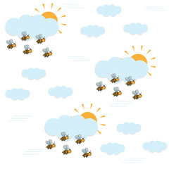 Children's seamless pattern texture with bees in the sky among the clouds with a white background, vector illustration