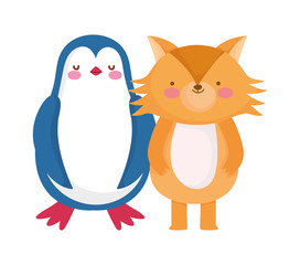 cute penguin and fox cartoon on white background