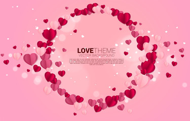Heart paper art flying circle frame graphic background concept. valentine's day and love theme banner and poster