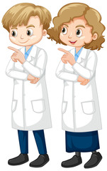 Fototapeta premium Boy and girl in science gown standing on white background