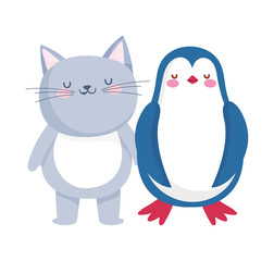 little cat and penguin cartoon character on white background