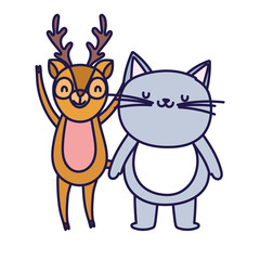 little cat and deer cartoon character on white background