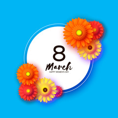 Beautiful Gerbera Flowers. Origami layered Floral bouquet. Happy Womens Day, Mothers Day or Birthday. 8 March. Spring. Paper cut style. Yellow,orange,red floral blossom. Circle frame for Text on blue.
