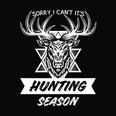 T-Shirt Or Poster Design With Illustration Of Deer Head. Hunting T- Shirt Design. Hunting Season. Vintage Typography Emblem.