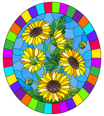 Illustration in stained glass style flower of sunflowers on a blue background in a bright frame,oval  image