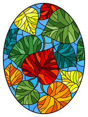 Naklejki  Ilustracja w stylu witrażu z kolorowymi liśćmi drzew na niebieskim tle, owalny obraz
