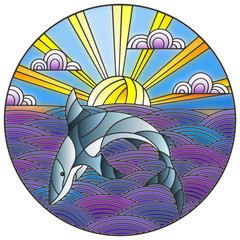 Fototapeta premium Illustration in stained glass style shark into the waves, Sunny sky and clouds, round image