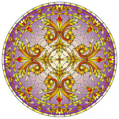 Illustration in stained glass style, round mirror image with floral ornaments and swirls