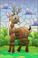 Illustration in stained glass style with a fawn on the background of green meadows and cloudy sky
