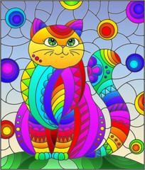 Obraz na płótnie Canvas Illustration in stained glass style with abstract cute rainbow cat on a blue background