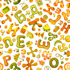 Seamless pattern. Russian alphabet, alphabet with cartoon pictures and puffy round letters. Hand watercolor illustration isolated on white background. Design of children's products, books, poster.