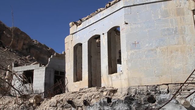 War devastation in the town of Maaloula, Syria