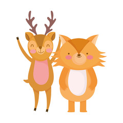 cute deer and fox cartoon on white background