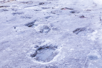 The bad asphalt winter road or way with ice, snow, puddles, pools, mud and slush