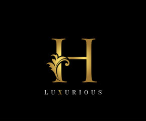 Golden H Luxury Logo Icon, Vintage Swirl H Letter Logo Design.