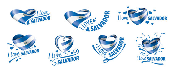 Naklejka premium National flag of the Salvador in the shape of a heart and the inscription I love Salvador. Vector illustration