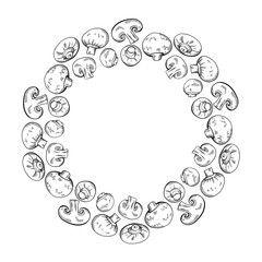 Round frame with hand drawn sketch of champignon mushrooms with hatching and place for text. Healthy natural food and cuisine menu. Vector scribble object for card, recipe, label and your design.