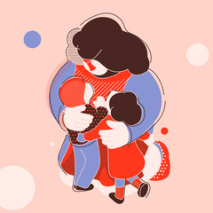 Hand draw concept art illustration. Concept of family care, love, Mom hugs two children, Tenderness. flat style.